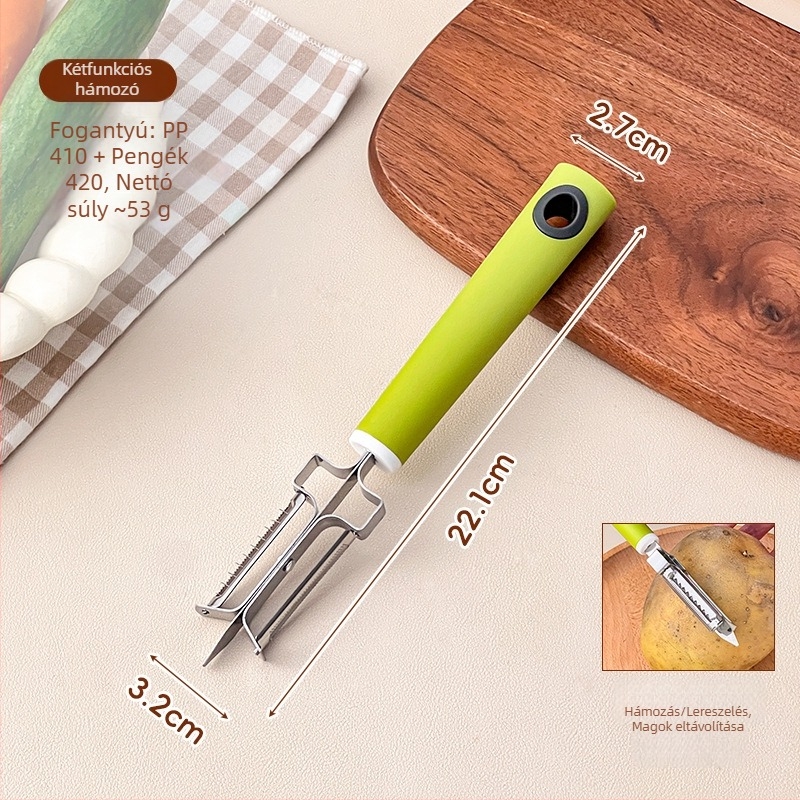 Konyhai többfunkciós reszelő és hámozó eszköz – két az egyben, dinnyéhez és gyümölcsökhöz, Platinum, rozsdamentes acél 420/304+410, PP fogantyú