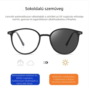 Anti-kék fényvédett olvasó szemüveg, progresszív, színváltó lencsésekkel, kerek keret, PC szerkezet