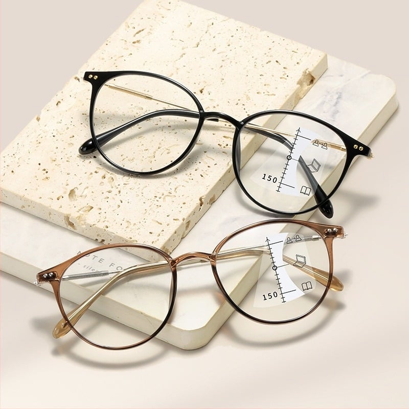 Anti-kék fényvédett olvasó szemüveg, progresszív, színváltó lencsésekkel, kerek keret, PC szerkezet