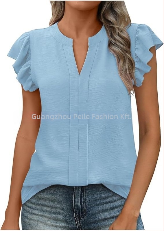 Női ing V-nyakú, pulóver-stílusú, rövid ujjú lotus levél mintázatú, poliészter-spandex anyag