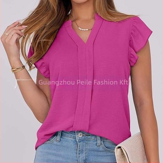 Női ing V-nyakú, pulóver-stílusú, rövid ujjú lotus levél mintázatú, poliészter-spandex anyag