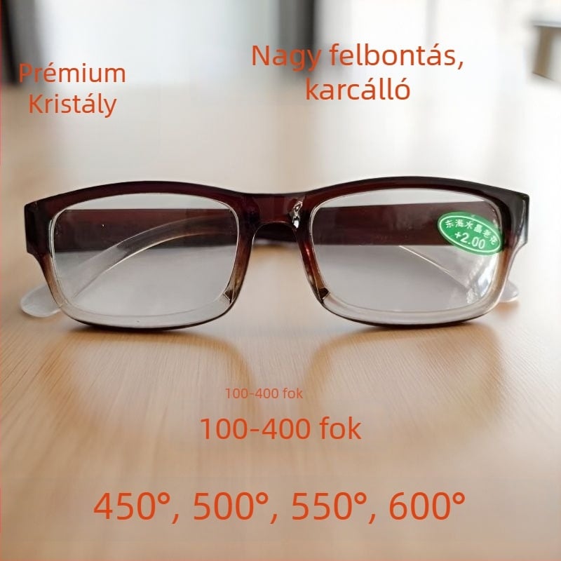 Olvasó szemüveg kristálylencsékkel, teljes keret, négyszögletes forma, dioptriák 4.50/5.00/5.50/6.00 D, polikarbonát keret