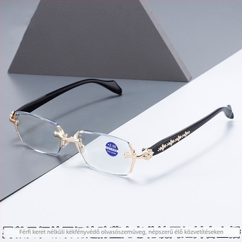 Keret nélküli olvasószemüveg kékfény elleni védelemmel, gyémántvágott él, négyszögletes lencsék, felnőtteknek