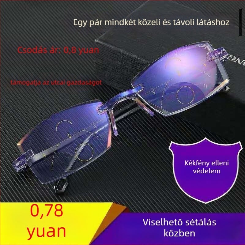 Kékfény elleni olvasó szemüveg, kettős használat közelre és távolra, ultrakönnyű PC lencsék, négyszögletes keret