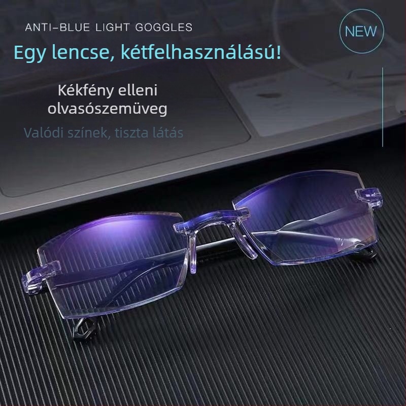 Kékfény elleni olvasó szemüveg, kettős használat közelre és távolra, ultrakönnyű PC lencsék, négyszögletes keret