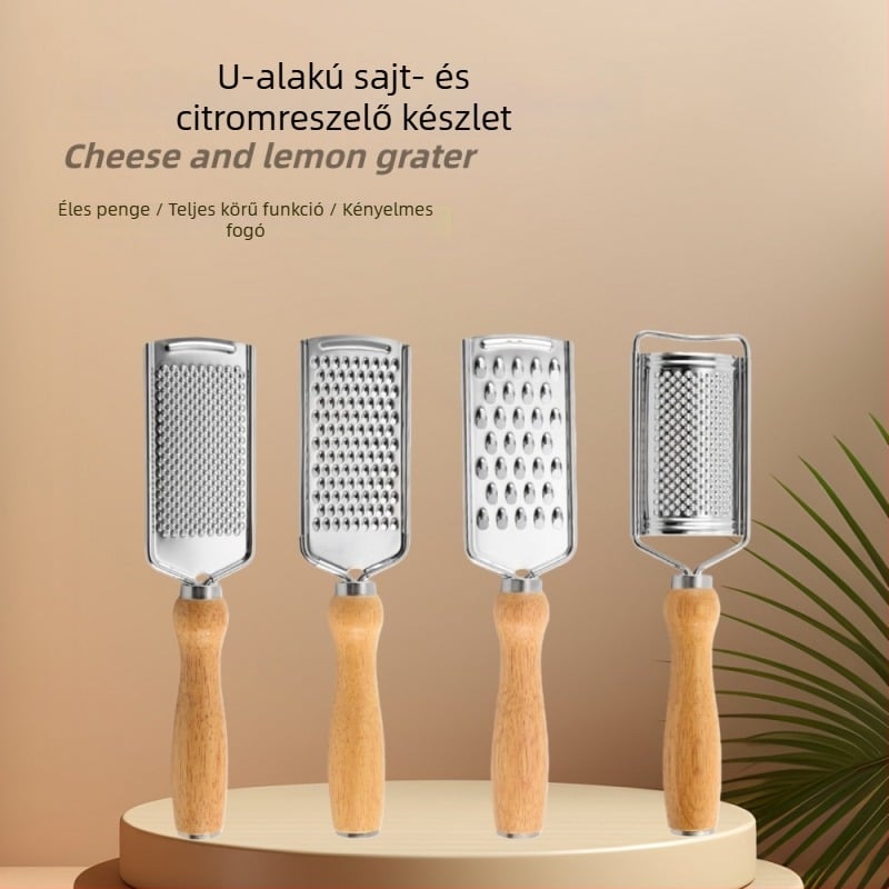 Tölgyfa kör alakú fogantyúval rendelkező többfunkciós reszelő – rozsdamentes acél, sajt, gyömbér és citrom reszeléséhez