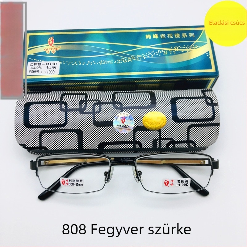 Olvasószemüveg fém félkerettel és bevont lencsékkel; lencsék gyantából; UV-védelem, anti-kék fény, aszférikus lencsék; négyszögletes formája, üzleti stílus; férfiak számára; 2016-ban megjelent.