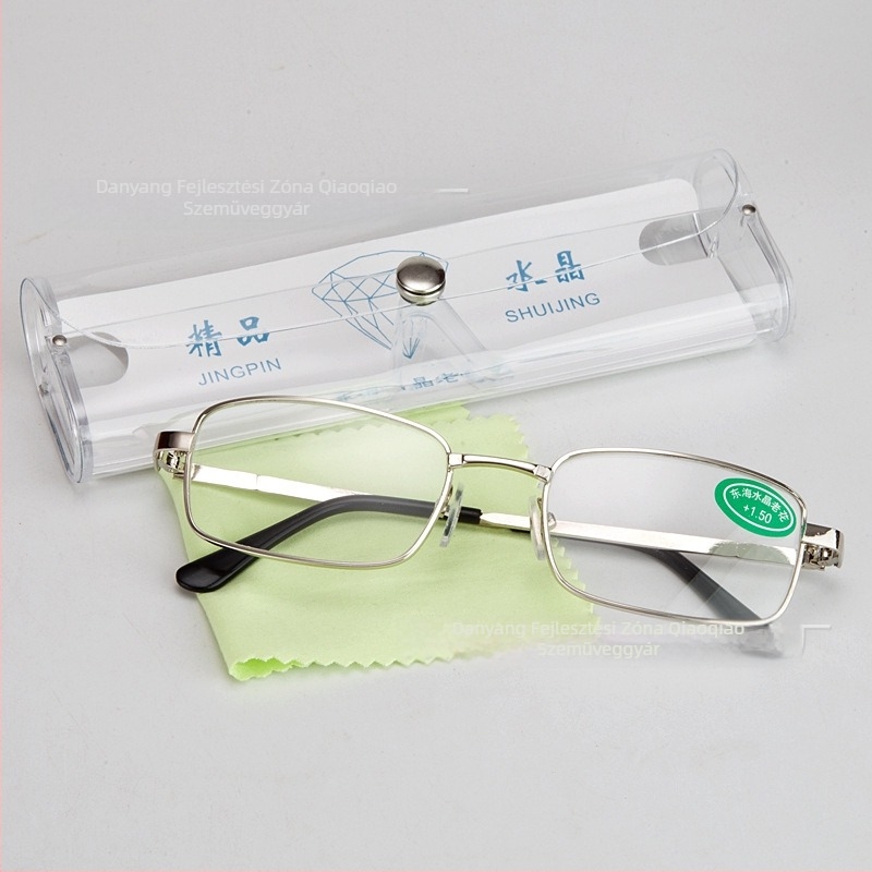 Olvasó szemüveg, teljes keret, négyszögletes forma, vintage stílus, üveglencsék, fém keret