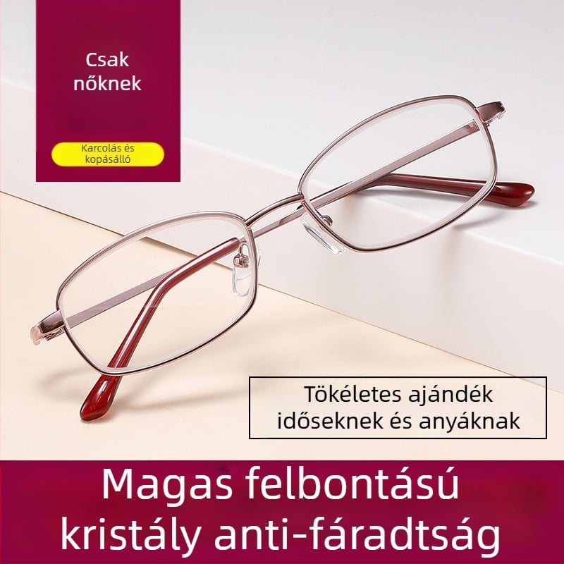 Olvasószemüveg: kristály lencsék, teljes keret, fémkeret, rövidlátásra, művészi retro stílus