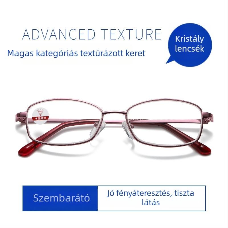 Olvasószemüveg: kristály lencsék, teljes keret, fémkeret, rövidlátásra, művészi retro stílus