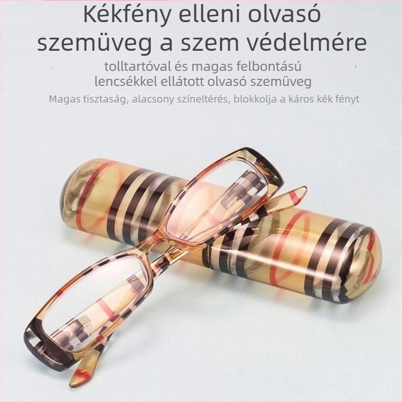 Olvasó szemüveg tolltartóval, klasszikus box keret, uniszex, könnyen hordozható és összecsukható, PC lencsékkel