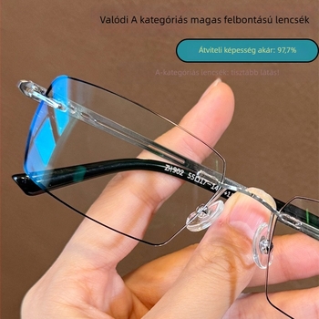 Keret nélküli olvasó szemüveg, anti-kék fény és anti-radiáció funkcióval, gyantából készült lencsékkel, fém keret, dioptria opciók 100/150/200/250/300 férfiaknak középkorú és idősebbeknek