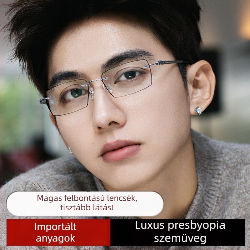 Keret nélküli olvasó szemüveg, anti-kék fény és anti-radiáció funkcióval, gyantából készült lencsékkel, fém keret, dioptria opciók 100/150/200/250/300 férfiaknak középkorú és idősebbeknek