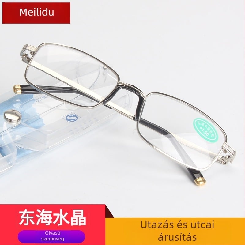 Olvasószemüveg, négyszögletes fém keret, üveglencsék, minimalist stílus, felnőtteknek hosszú arcformához.