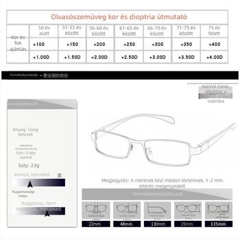 Összecsukható olvasószemüveg üveglencsékkel, teljes keretű fémszerkezet, ovális alak, minden arctípushoz megfelelő