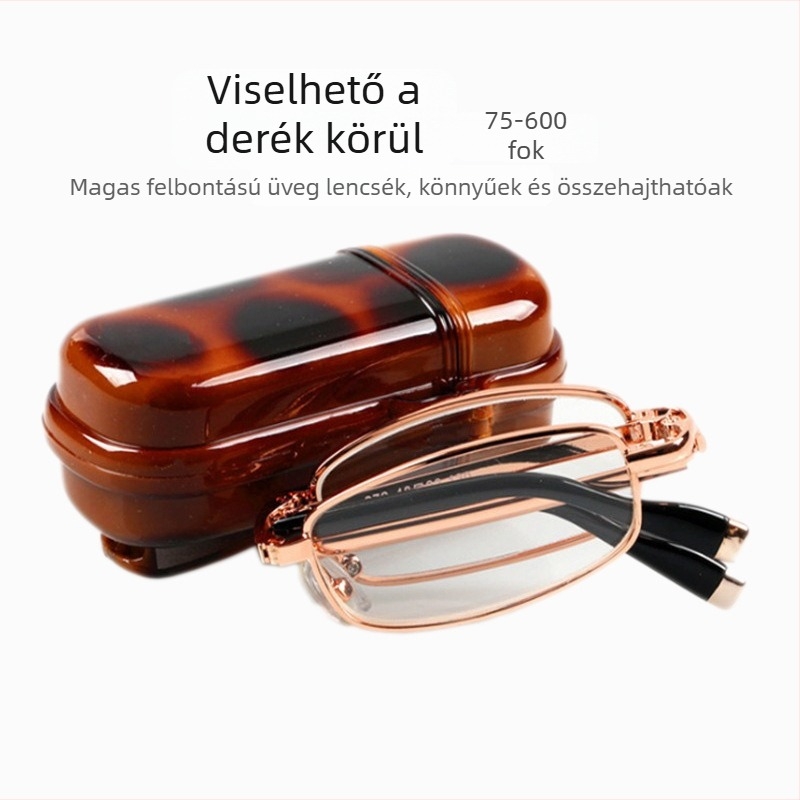 Összecsukható olvasószemüveg üveglencsékkel, teljes keretű fémszerkezet, ovális alak, minden arctípushoz megfelelő