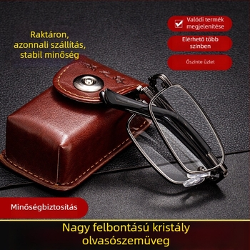 Kristálylencsés olvasó szemüveg, fém kerettel, teljes keret, négyszögletes forma, +1.00–+4.00 dioptria, kékfény elleni védelem