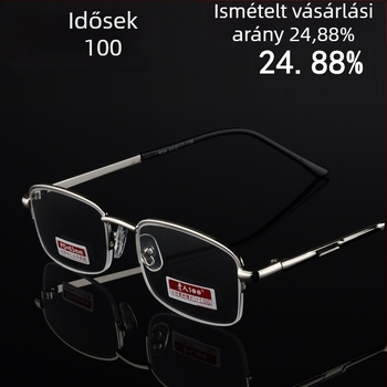 Olvasószemüveg, ultra könnyű félkeret, gyanta lencsék, fém keret, +100–+400 dioptria, uniszex, felnőttek