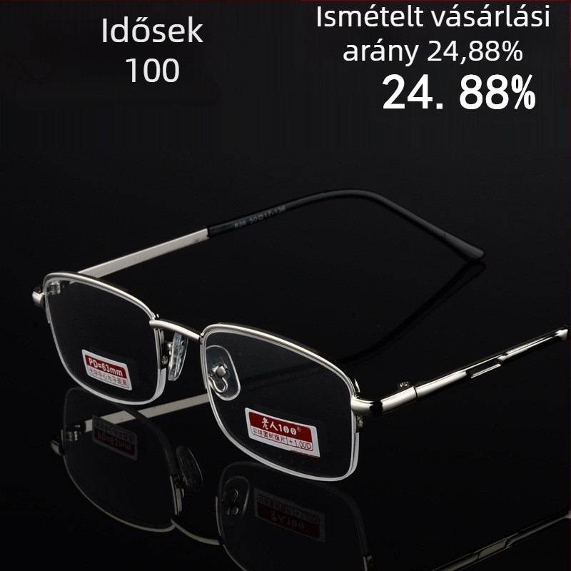 Olvasószemüveg, ultra könnyű félkeret, gyanta lencsék, fém keret, +100–+400 dioptria, uniszex, felnőttek