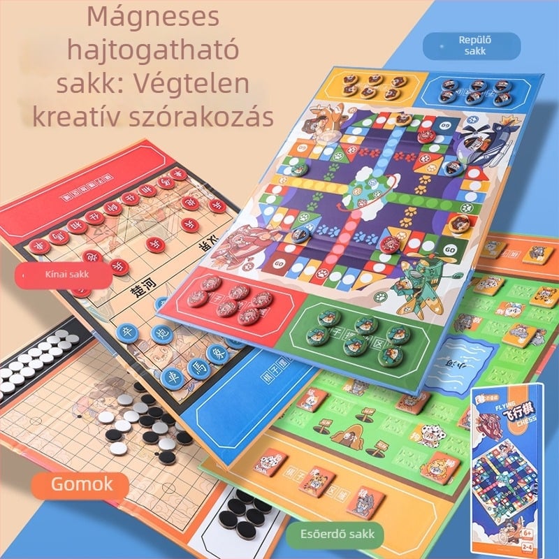 Mágneses, hajtogatható hordozható sakkkészlet gyerekeknek, damával és Gobanggal, papír alapú kivitelben, 7–14 éveseknek.
