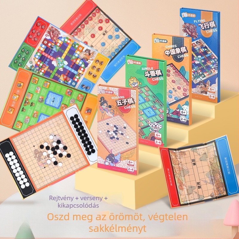 Mágneses, hajtogatható hordozható sakkkészlet gyerekeknek, damával és Gobanggal, papír alapú kivitelben, 7–14 éveseknek.