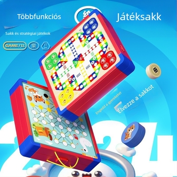 Többfunkciós asztali játékkészlet: sakk, repülő sakk, kaland sakk; műanyag kivitel; kézben vihető ajándékdoboz; 4–6 éveseknek; több játékos harc
