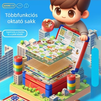 Többfunkciós asztali játékkészlet: sakk, repülő sakk, kaland sakk; műanyag kivitel; kézben vihető ajándékdoboz; 4–6 éveseknek; több játékos harc