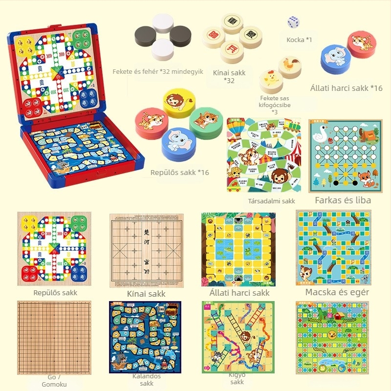 Többfunkciós asztali játékkészlet: sakk, repülő sakk, kaland sakk; műanyag kivitel; kézben vihető ajándékdoboz; 4–6 éveseknek; több játékos harc