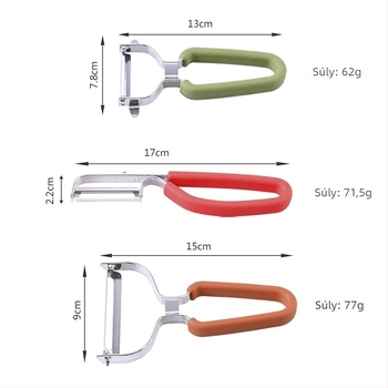 Többszörös funkciójú gyümölcs hámozó, Y- és P-típusú pengékkel, 430 rozsdamentes acélból • Gumi- és TPR-markolat • Három az egyben