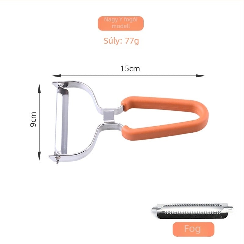 Többszörös funkciójú gyümölcs hámozó, Y- és P-típusú pengékkel, 430 rozsdamentes acélból • Gumi- és TPR-markolat • Három az egyben