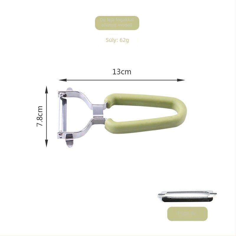 Többszörös funkciójú gyümölcs hámozó, Y- és P-típusú pengékkel, 430 rozsdamentes acélból • Gumi- és TPR-markolat • Három az egyben