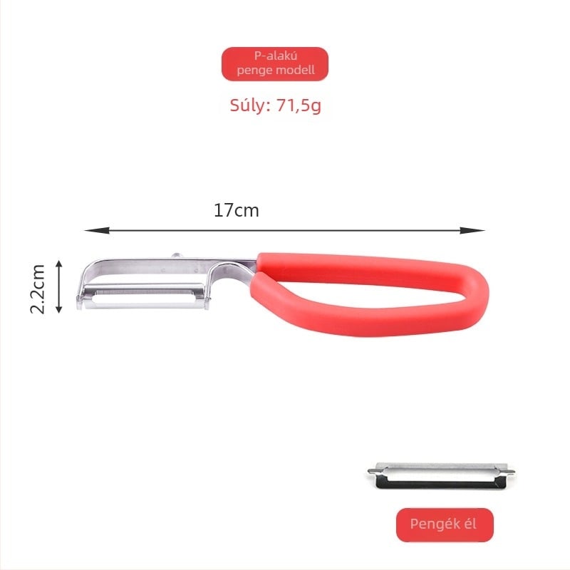 Többszörös funkciójú gyümölcs hámozó, Y- és P-típusú pengékkel, 430 rozsdamentes acélból • Gumi- és TPR-markolat • Három az egyben