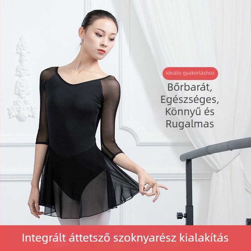 Felnőtt balett gyakorló leotard 3/4 ujjakkal, hálós panelokkal, hátsó rész nélküli, tej selyem anyagból, szoros illeszkedés