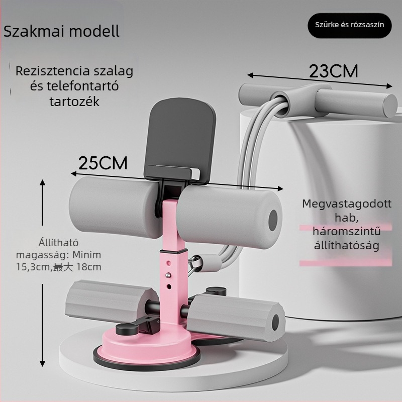 Sit-up segédeszköz telefontartóval, beltéri hasizom-edző vákuumos pohárral és hatszöves sínnel, irodai és otthoni használatra, tömege 980 g