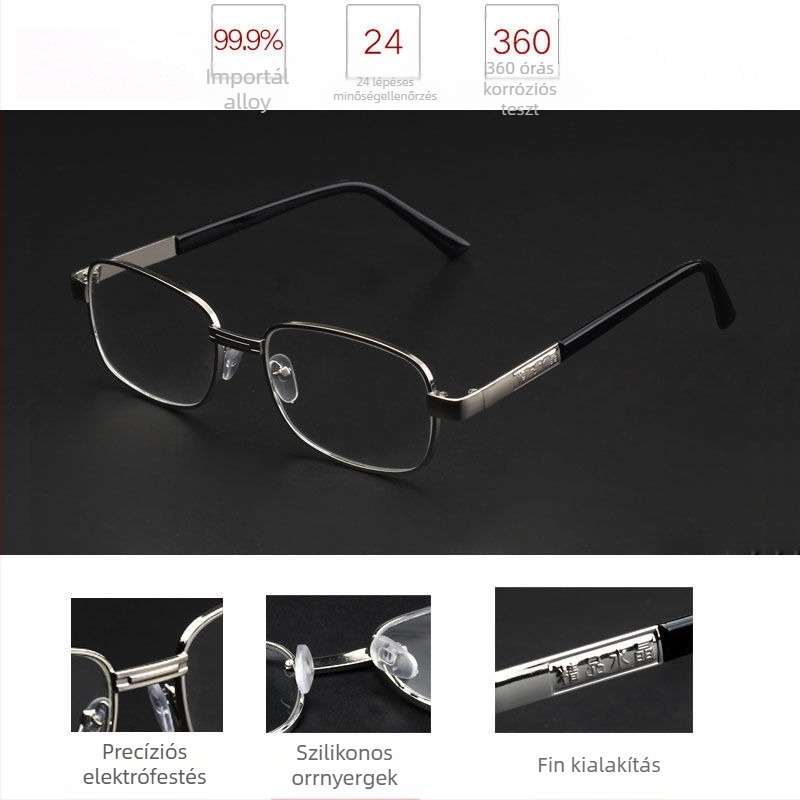 Olvasó szemüveg kristály lencsékkel, teljes keret rézötvözetből, ütésálló lencsék