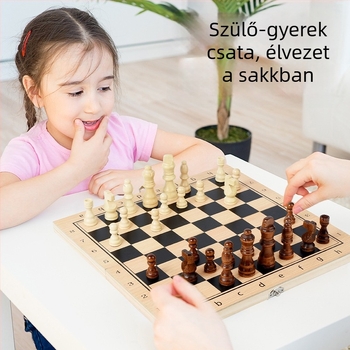 Három az egyben szilárdfa sakk- és dámajáték készlet, modell MZ-013, csomagolás dobozban, 14 éves kortól