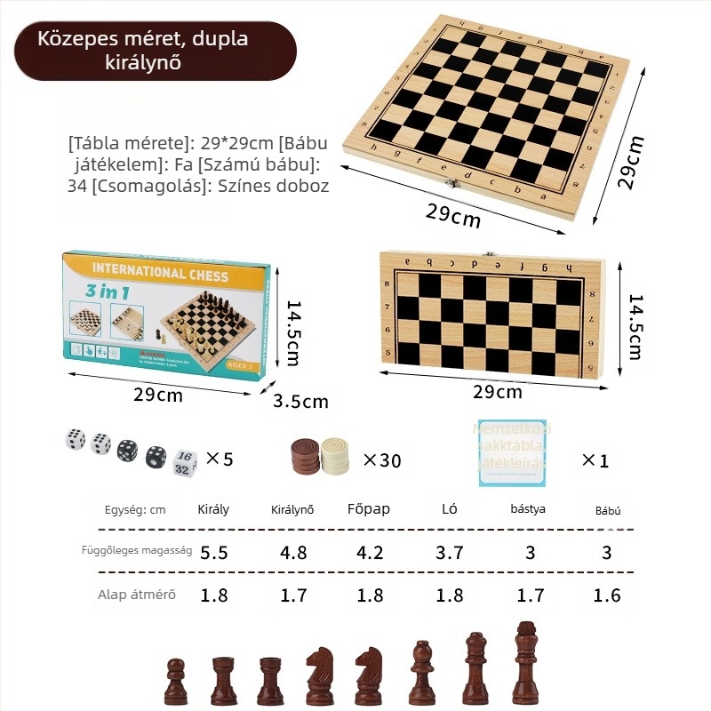 Három az egyben szilárdfa sakk- és dámajáték készlet, modell MZ-013, csomagolás dobozban, 14 éves kortól
