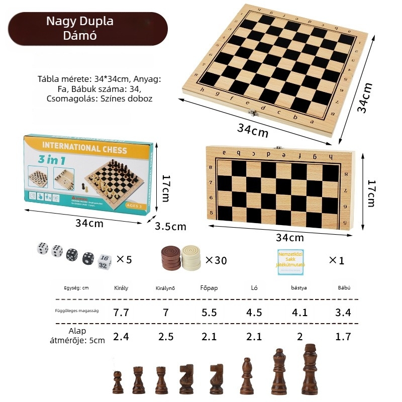 Három az egyben szilárdfa sakk- és dámajáték készlet, modell MZ-013, csomagolás dobozban, 14 éves kortól