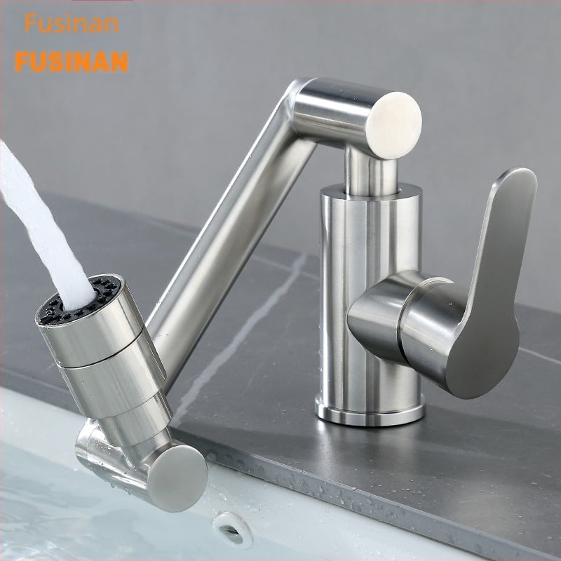 304 rozsdamentes acélból készült, kefés felületű mosdó alatti fürdőszobai csaptele, forgó és összecsukható, meleg/hideg víz, modell FSN-9106