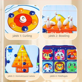 Öt-az-egyben asztali játék: asztali hokizás, curling és bowling – műanyag, oktató és interaktív gyerekjáték