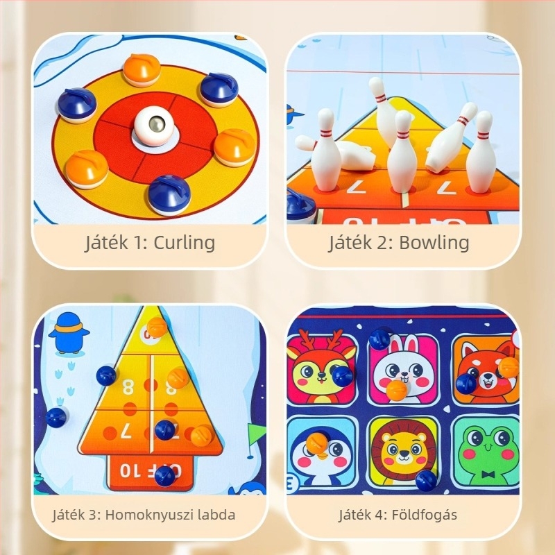 Öt-az-egyben asztali játék: asztali hokizás, curling és bowling – műanyag, oktató és interaktív gyerekjáték