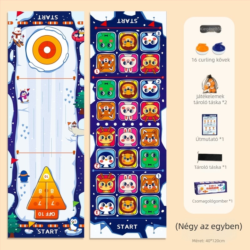 Öt-az-egyben asztali játék: asztali hokizás, curling és bowling – műanyag, oktató és interaktív gyerekjáték