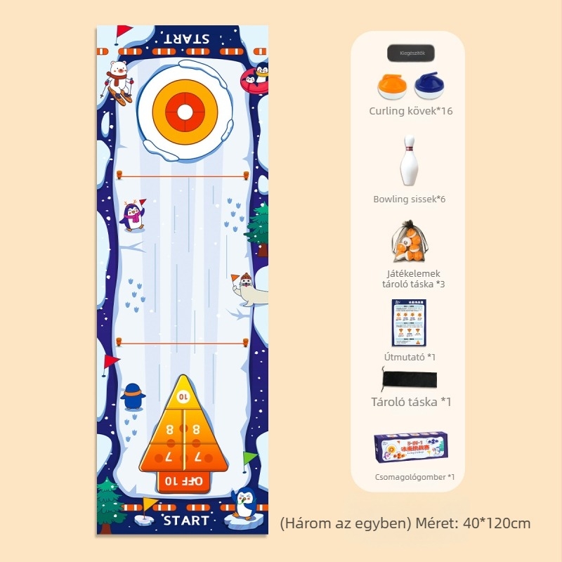 Öt-az-egyben asztali játék: asztali hokizás, curling és bowling – műanyag, oktató és interaktív gyerekjáték