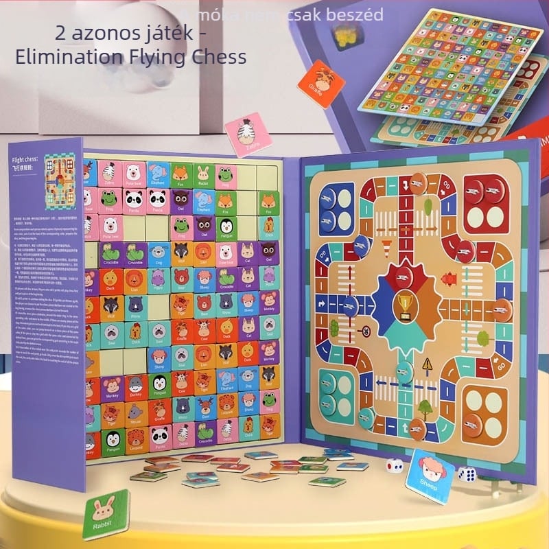 Fából készült két az egyben memória- és repülő sakk játék gyerekeknek, 4–6 évesek, blisteres csomagolás, Zhejiang eredetű