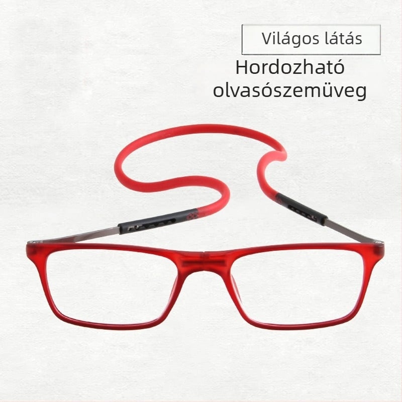 Nyakba akasztható olvasószemüveg összecsukható mágneses karokkal – fém keret, gyanta lencsék, teleszkópos templomok (Model 8203)
