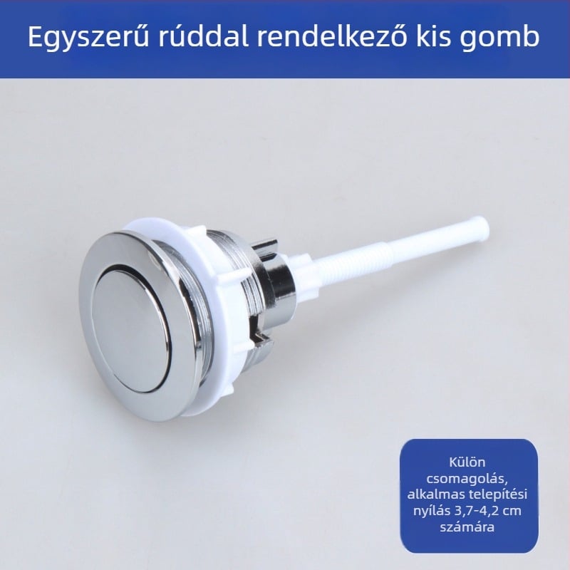 WC tartály tartozékok, nyomógombos öblítő kapcsoló, gömbölyű felső menettel, elektropolírozott felület, injekciós öntés + összeszerelés, modern minimalizmus