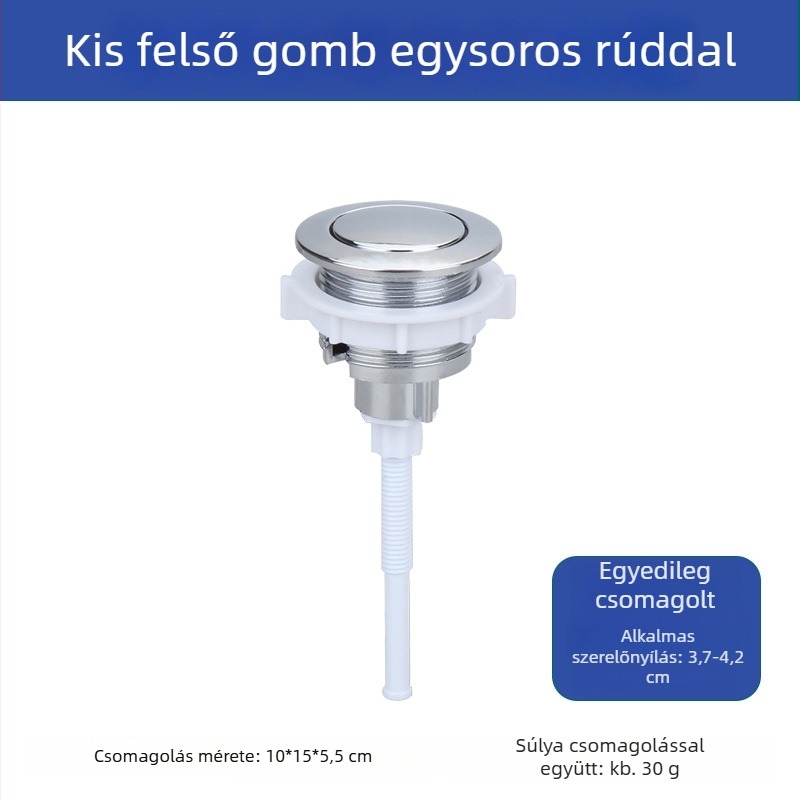 WC tartály tartozékok, nyomógombos öblítő kapcsoló, gömbölyű felső menettel, elektropolírozott felület, injekciós öntés + összeszerelés, modern minimalizmus