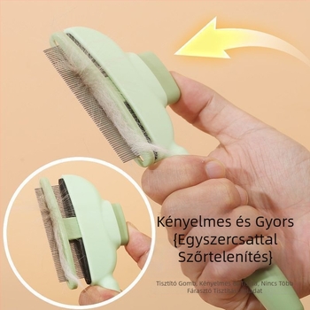 Macska- és kutyafélék részére készült fésű a szálak kioldására és a laza szőr eltávolítására, öntisztító fésű hosszú szőrű állatokhoz, masszázs és csomóoldás, anyag: ABS + acél tűk