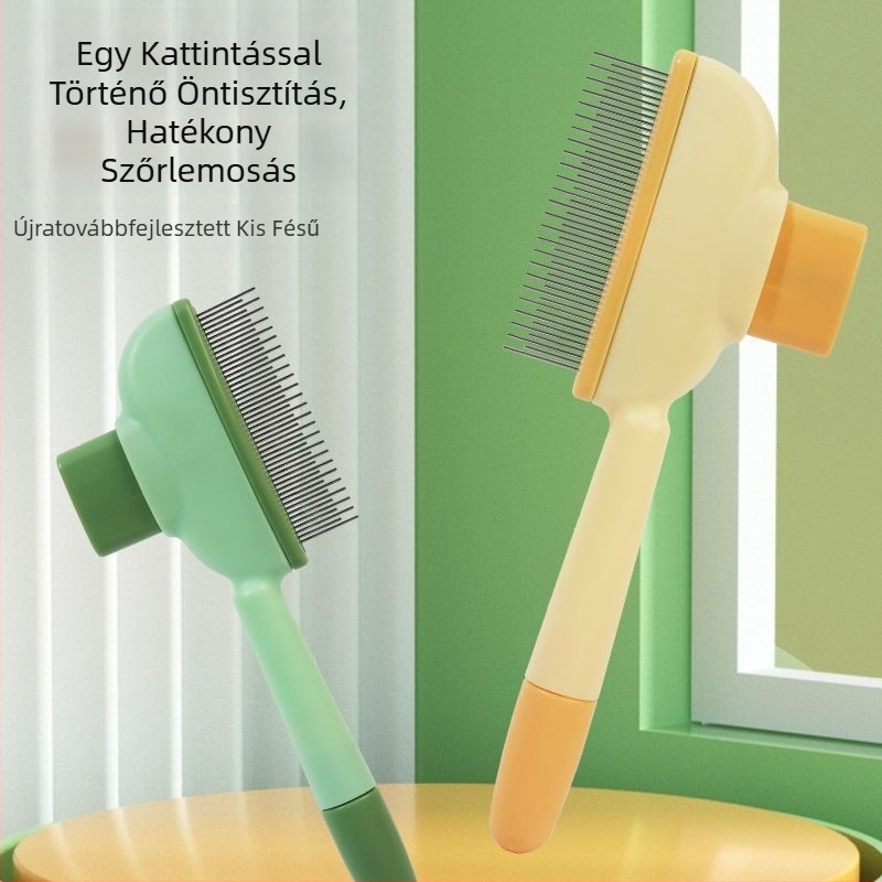 Macska- és kutyafélék részére készült fésű a szálak kioldására és a laza szőr eltávolítására, öntisztító fésű hosszú szőrű állatokhoz, masszázs és csomóoldás, anyag: ABS + acél tűk