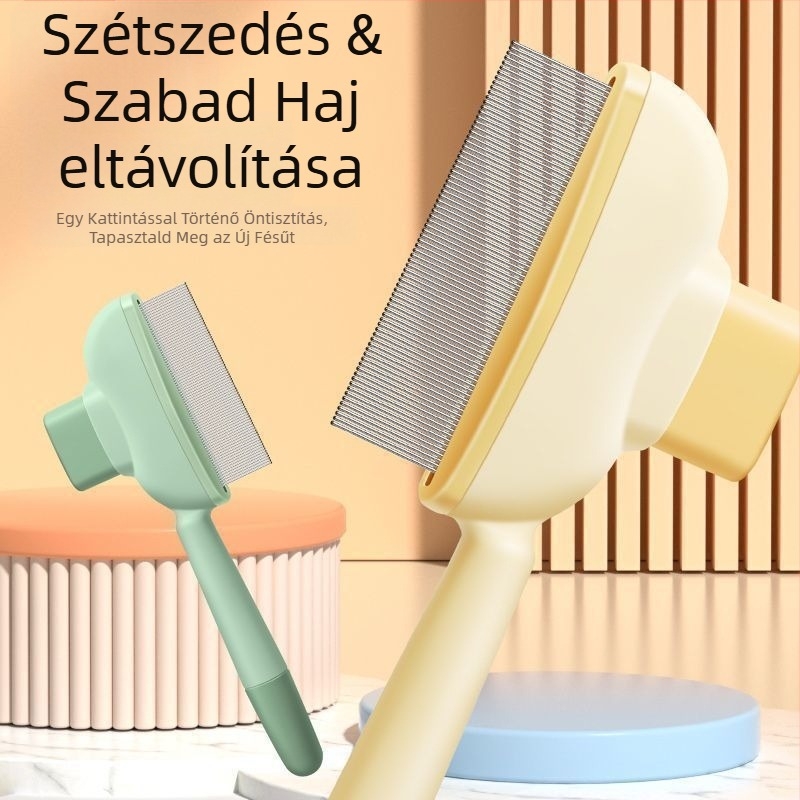 Macska- és kutyafélék részére készült fésű a szálak kioldására és a laza szőr eltávolítására, öntisztító fésű hosszú szőrű állatokhoz, masszázs és csomóoldás, anyag: ABS + acél tűk